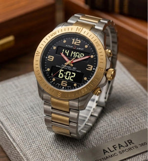 Two-tone watch with digital and analog display on a textured surface, branded 'ALFAJR'.