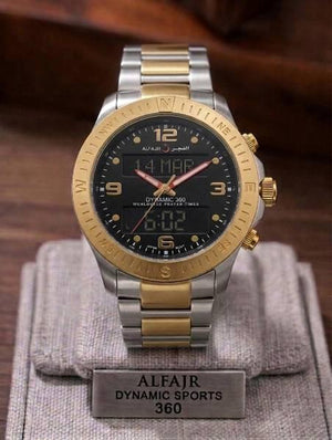 Two-tone silver and gold watch on a gray stand with 'Alfajr Dynamic Sports 360' branding.